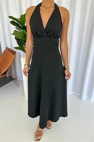 Boyun Detay Zarif Uzun Kadın Elbise - Siyah