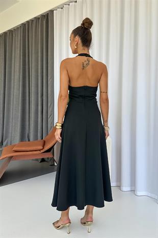 Boyun Detay Zarif Uzun Kadın Elbise - Siyah