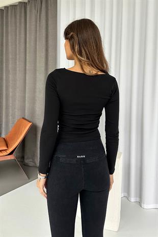 Büzgü Detay Kayık Yaka Dilvin Basic Bluz - Siyah