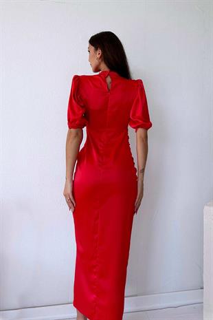 Büzgülü Saten Kadın Elbise - Nar Çiçeği