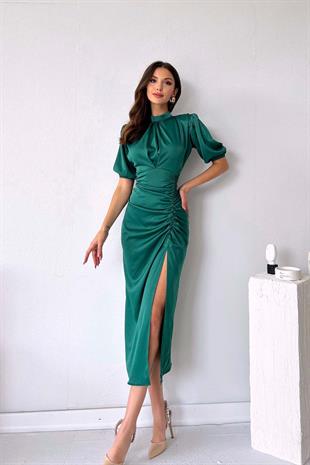 Büzgülü Saten Kadın Elbise - Yeşil