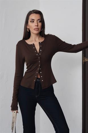 Buzzy Kumaş Önden Çıtçıtlı Uzun Kol Bluz - Kahverengi