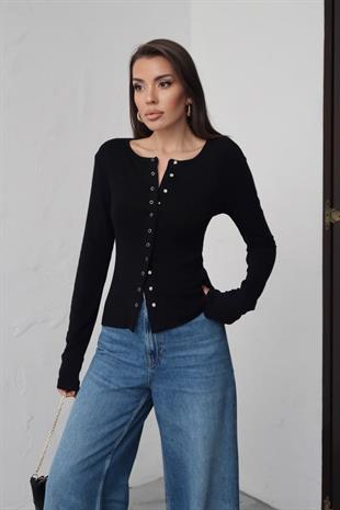 Buzzy Kumaş Önden Çıtçıtlı Uzun Kol Bluz - Siyah