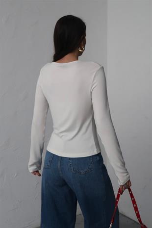 Buzzy Kumaş Önden Çıtçıtlı Uzun Kol Bluz - Beyaz
