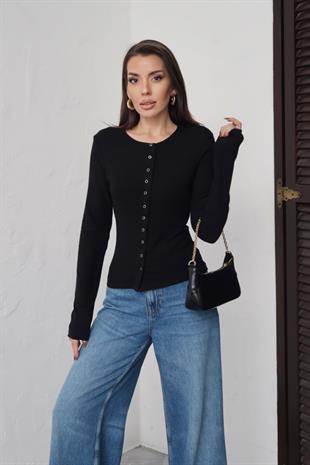 Buzzy Kumaş Önden Çıtçıtlı Uzun Kol Bluz - Siyah