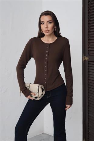 Buzzy Kumaş Önden Çıtçıtlı Uzun Kol Bluz - Kahverengi