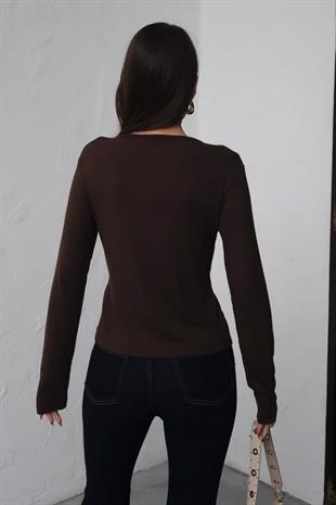 Buzzy Kumaş Önden Çıtçıtlı Uzun Kol Bluz - Kahverengi