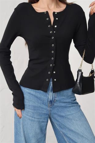 Buzzy Kumaş Önden Çıtçıtlı Uzun Kol Bluz - Siyah