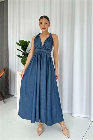 Çapraz Yaka Duruşlu Kot Uzun Elbise - Lacivert