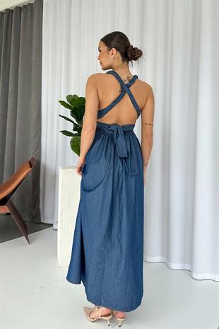 Çapraz Yaka Duruşlu Kot Uzun Elbise - Lacivert