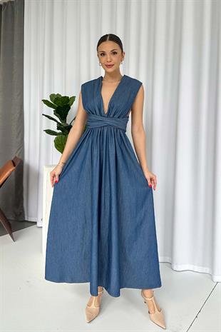 Çapraz Yaka Duruşlu Kot Uzun Elbise - Lacivert