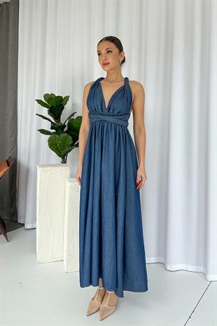 Çapraz Yaka Duruşlu Kot Uzun Elbise - Lacivert