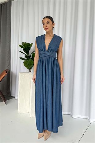 Çapraz Yaka Duruşlu Kot Uzun Elbise - Lacivert