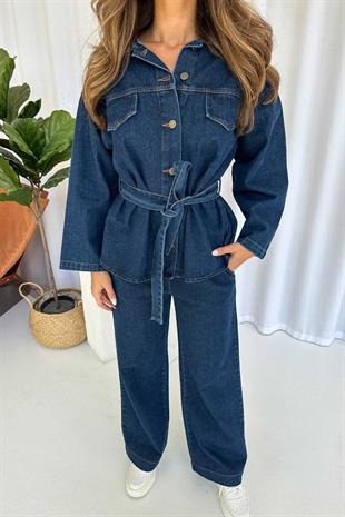 Ceket Yaka Beli Kuşaklı Kot Kadın Gömlek & Pantolon Takım - Lacivert