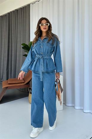 Ceket Yaka Beli Kuşaklı Kot Kadın Gömlek & Pantolon Takım - Mavi