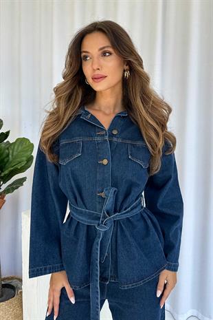 Ceket Yaka Beli Kuşaklı Kot Kadın Gömlek & Pantolon Takım - Lacivert