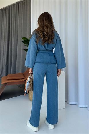 Ceket Yaka Beli Kuşaklı Kot Kadın Gömlek & Pantolon Takım - Mavi