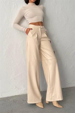 Çift Düğmeli Boru Paça Deri Pantolon - Bej