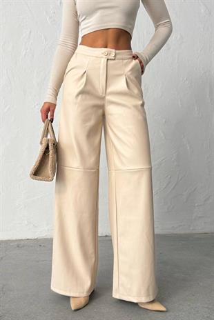 Çift Düğmeli Boru Paça Deri Pantolon - Bej