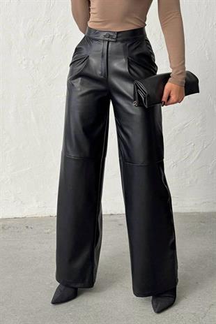 Çift Düğmeli Boru Paça Deri Pantolon - Siyah