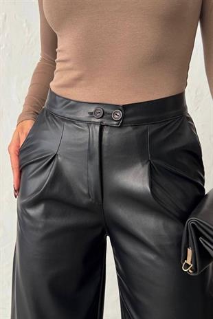 Çift Düğmeli Boru Paça Deri Pantolon - Siyah