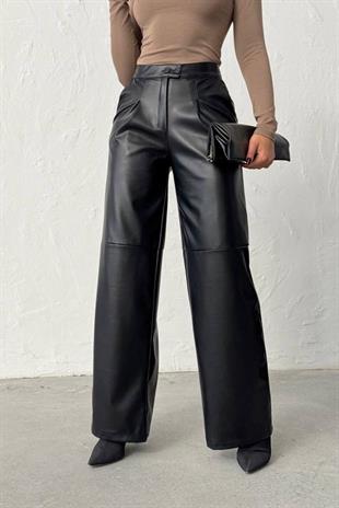 Çift Düğmeli Boru Paça Deri Pantolon - Siyah