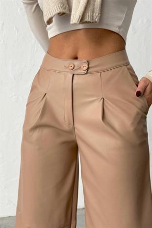 Çift Düğmeli Boru Paça Deri Pantolon - Vizon