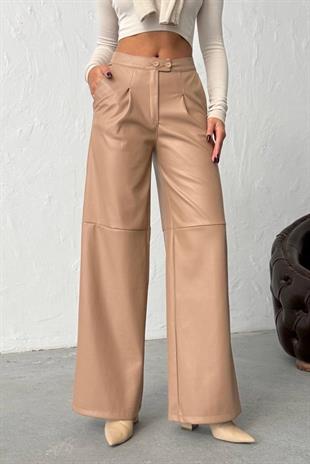 Çift Düğmeli Boru Paça Deri Pantolon - Vizon