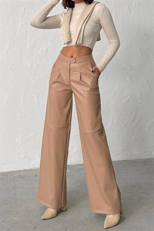 Çift Düğmeli Boru Paça Deri Pantolon - Vizon