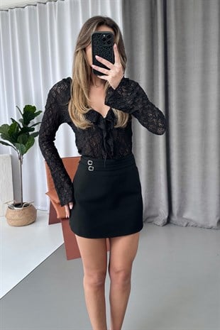 Çift Kemer Görünümlü Kısa Etek - Siyah