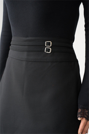 Çift Kemer Görünümlü Kısa Etek - Siyah