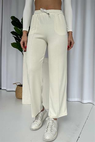 Çimalı Boru Paça Cepli Eşofman Altı - Ekru