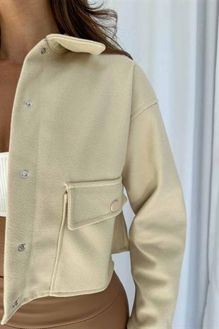 Çıtçıtlı Kaşe Gömlek Ceket - Bej