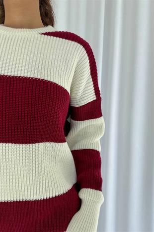 Çizgili Salaş Örme Kazak - Bordo