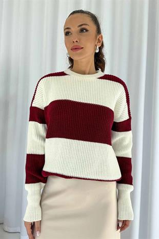 Çizgili Salaş Örme Kazak - Bordo