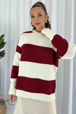 Çizgili Salaş Örme Kazak - Bordo