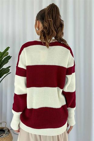 Çizgili Salaş Örme Kazak - Bordo