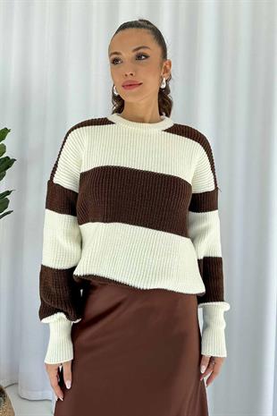 Çizgili Salaş Örme Kazak - Kahverengi