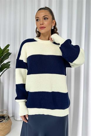 Çizgili Salaş Örme Kazak - Lacivert