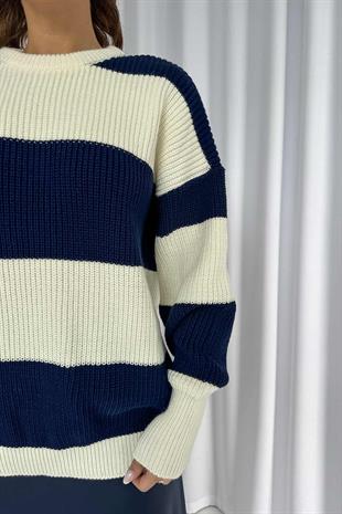 Çizgili Salaş Örme Kazak - Lacivert