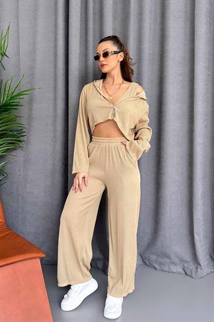 Croplu Üçlü Kadın Takım - Bej