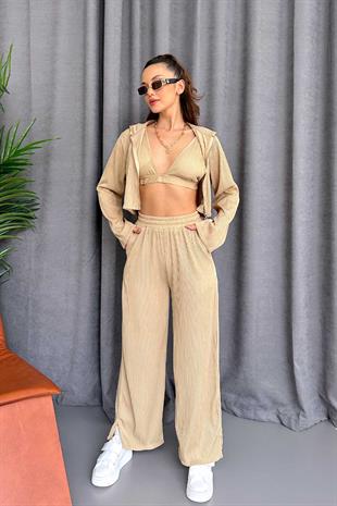 Croplu Üçlü Kadın Takım - Bej