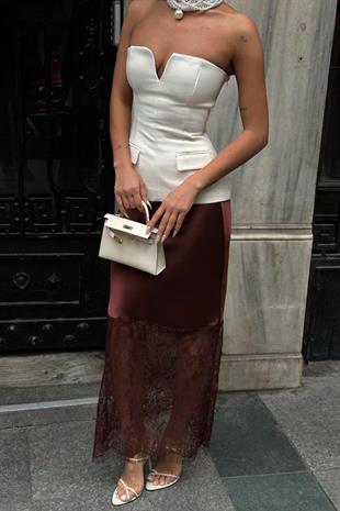 Dantel Detay Saten Etek - Kahverengi