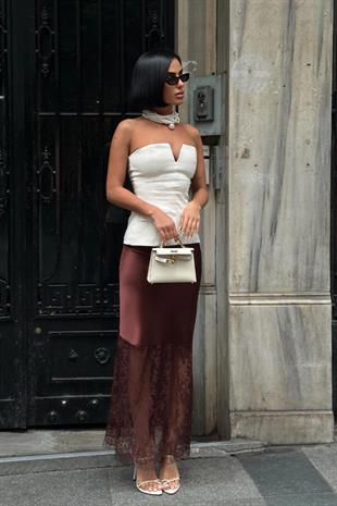 Dantel Detay Saten Etek - Kahverengi