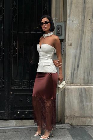 Dantel Detay Saten Etek - Kahverengi