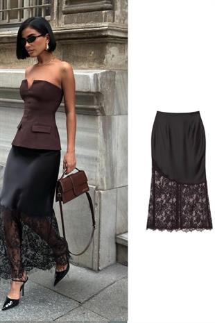 Dantel Detay Saten Etek - Siyah