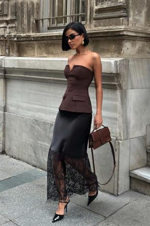 Dantel Detay Saten Etek - Siyah