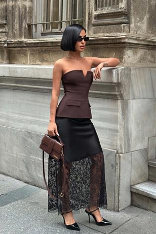 Dantel Detay Saten Etek - Siyah