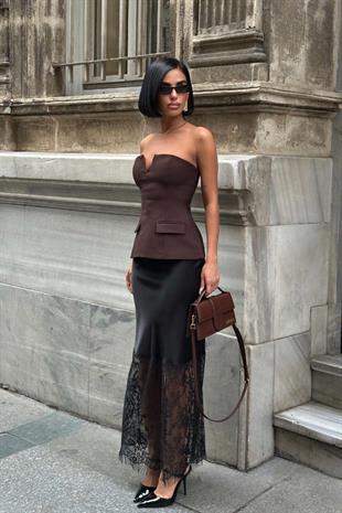 Dantel Detay Saten Etek - Siyah