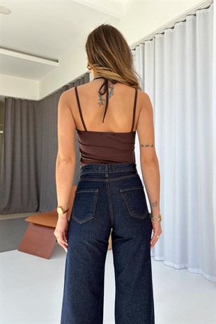 Dantel Detaylı İnce Askılı Body - Kahverengi